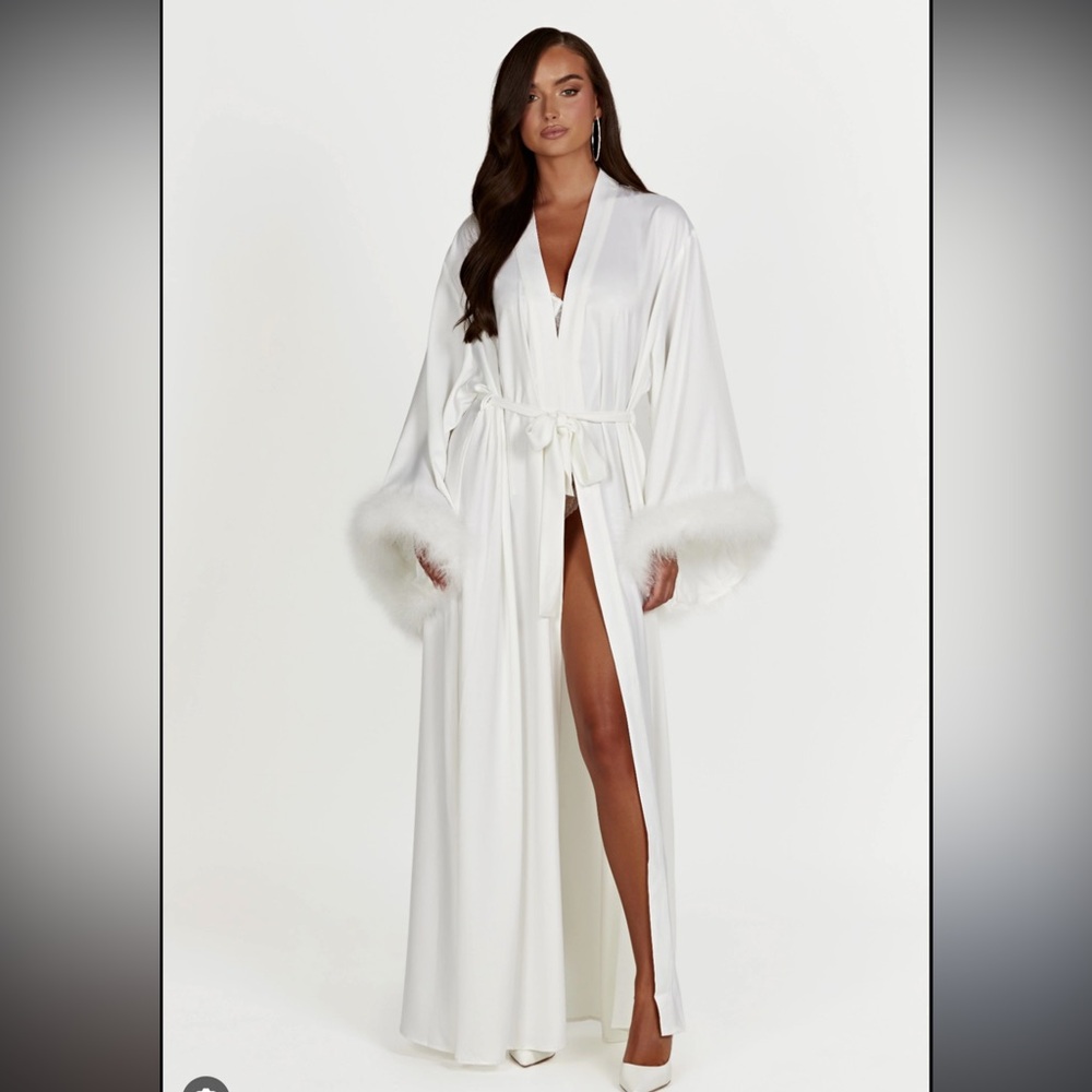 Amalia Satin Feather Trim Robe in White from Meshki